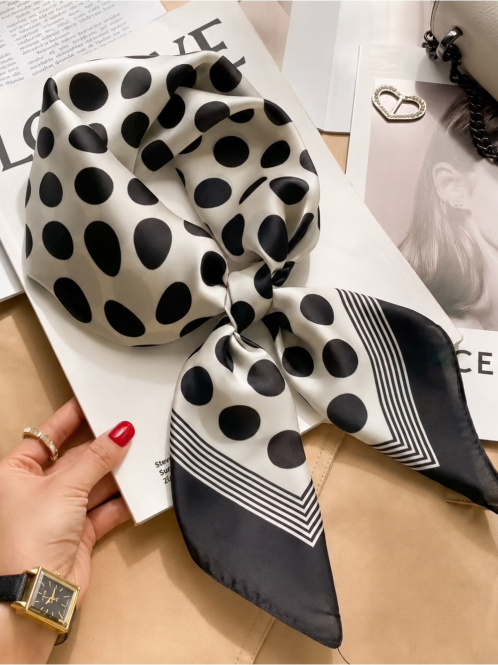 Polka Dot Striped Border Square Scarf Cream Black 27.5” | New